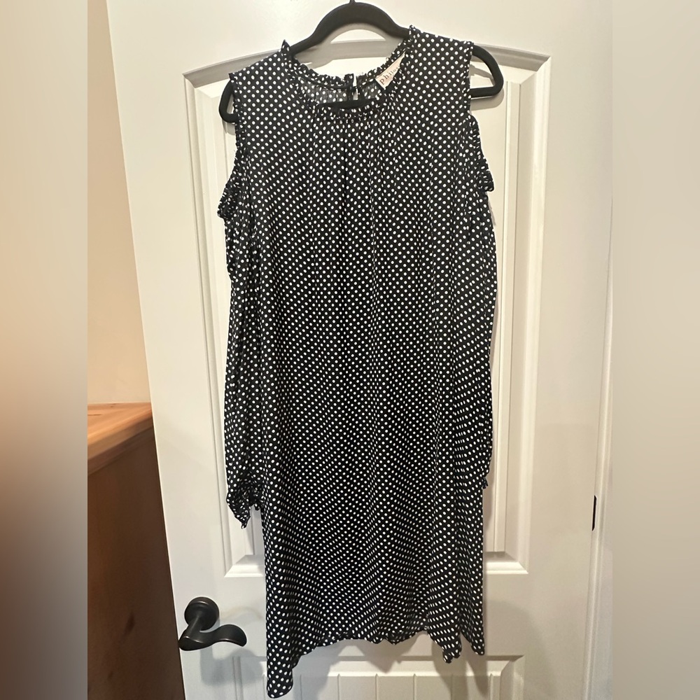 Philosophy Black and White Polka Dot Long Sleeve Dress With Cut Out Shoulders. L